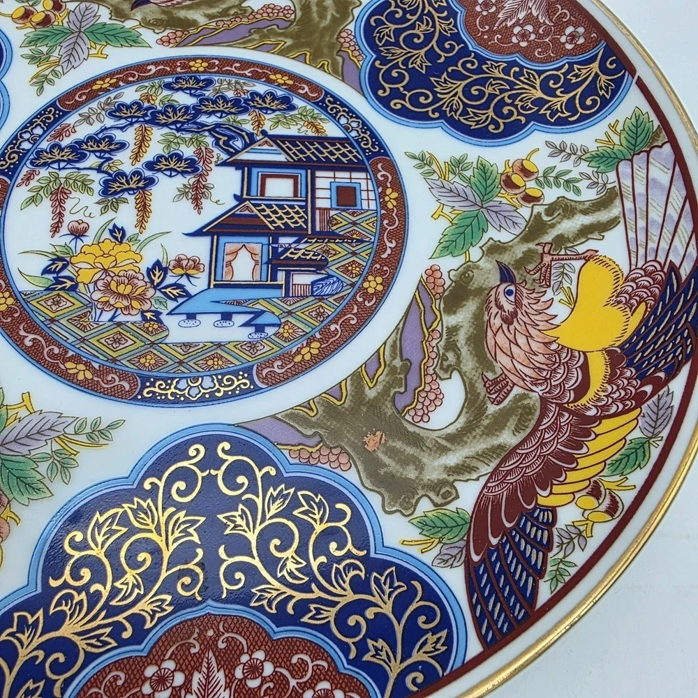 Vintage Japanese Imari‎ Porcelain Flowers And Pagoda Dish 10.25